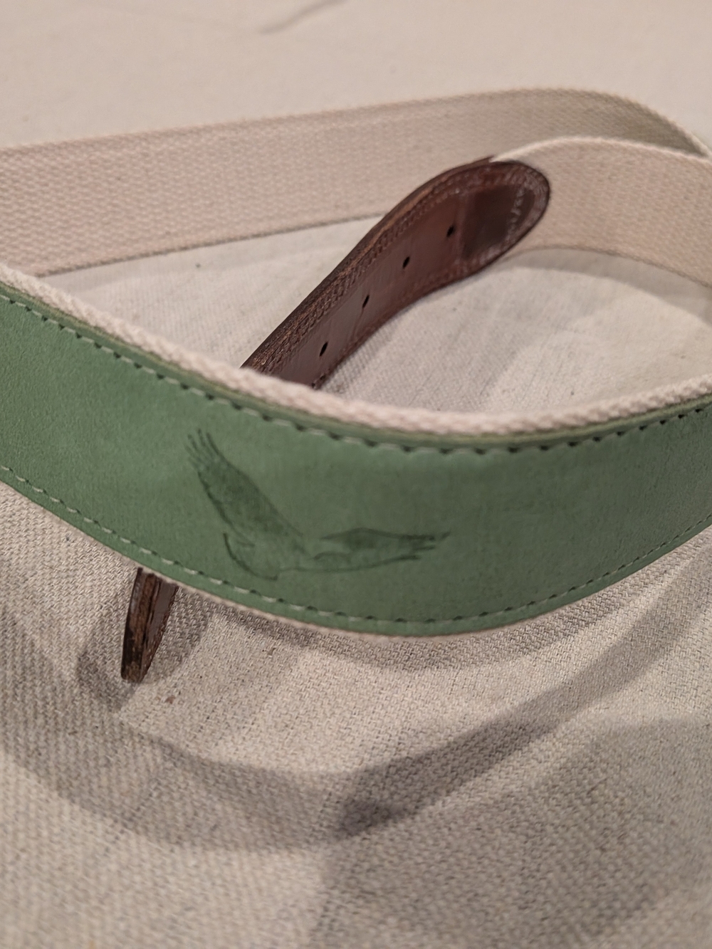 Men's Canvas & Leather Belt in Sage Green with Bird Detail